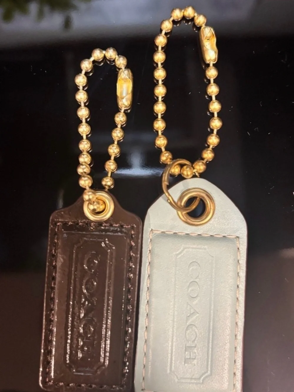 COACH Leather Tag Keychain - Brown and Light Blue/white